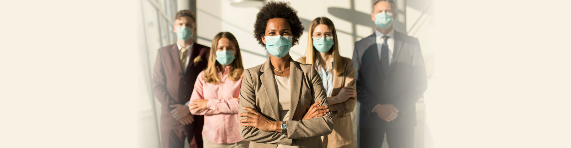 Group of business people standing in the office and wear mask for protect prevent infection by corona virus